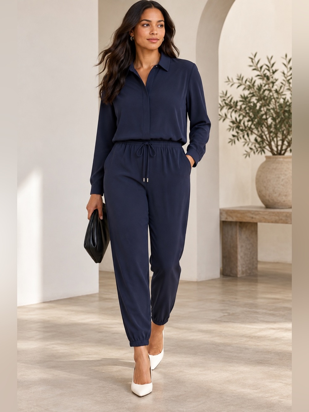 Vince Navy Drawstring Jumpsuit Size 10 Collared Long Sleeve Minimalist